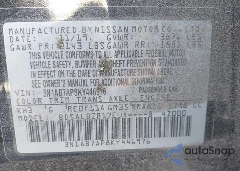 2019 Nissan Sentra S z USA, uszkodzony, nr VIN 3N1AB7AP8KY446976